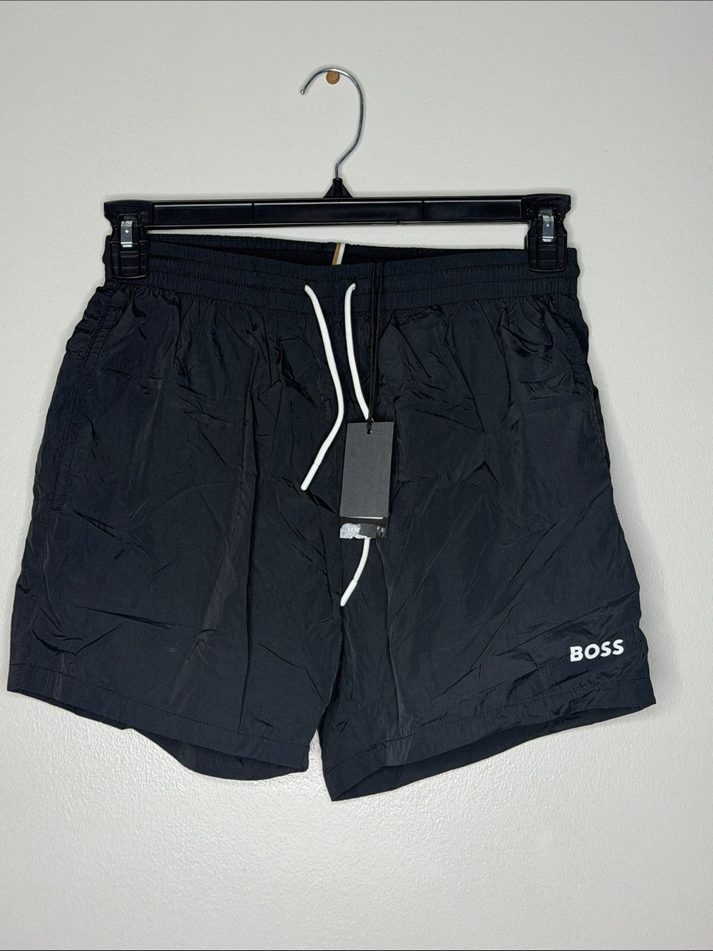 BOSS Black Men's Swim Trunks with White Drawstring